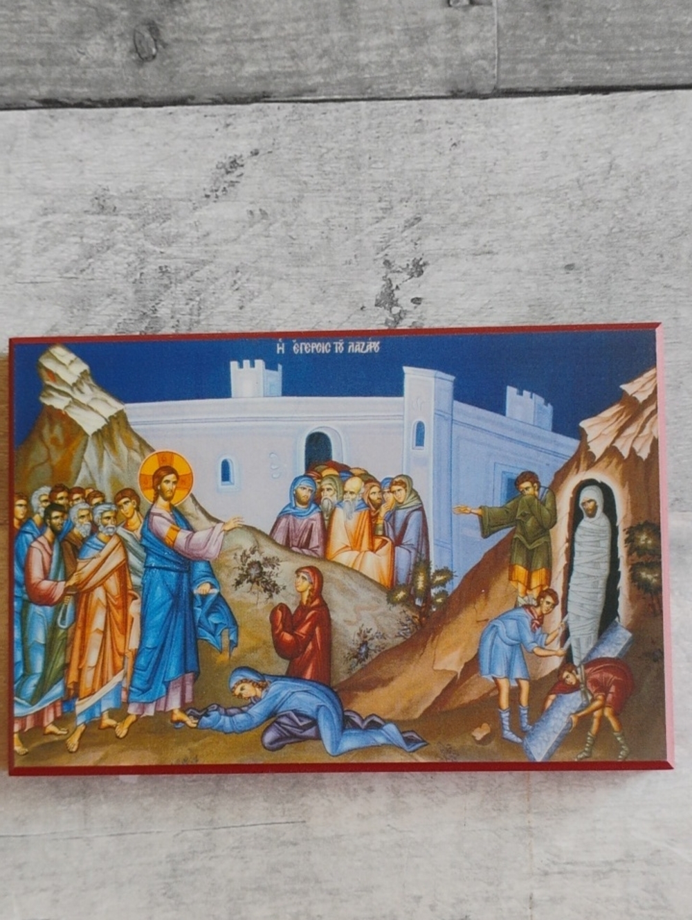 Raising Of Lazarus Religious Orthodox Byzantine Icon on Wood Plaque